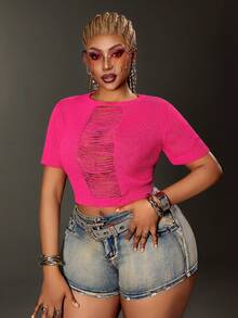 Maweii Suéter de mujer talla grande, tejido, top de manga corta, cuello redondo, color rojo rosa, primavera y verano, con recortes, diseño con sentido, vacaciones, sexy, estilizador, top corto - Rosa Fucsia - Ver 7