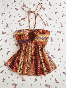 Elamini Áo hai dây cổ yếm nữ kiểu Bohemian retro Y2K, hở lưng, vạt bất đối xứng. - Nhiều màu - Xem 1