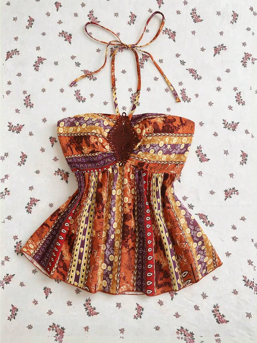 Elamini Áo hai dây cổ yếm nữ kiểu Bohemian retro Y2K, hở lưng, vạt bất đối xứng. - Nhiều màu - Xem 1