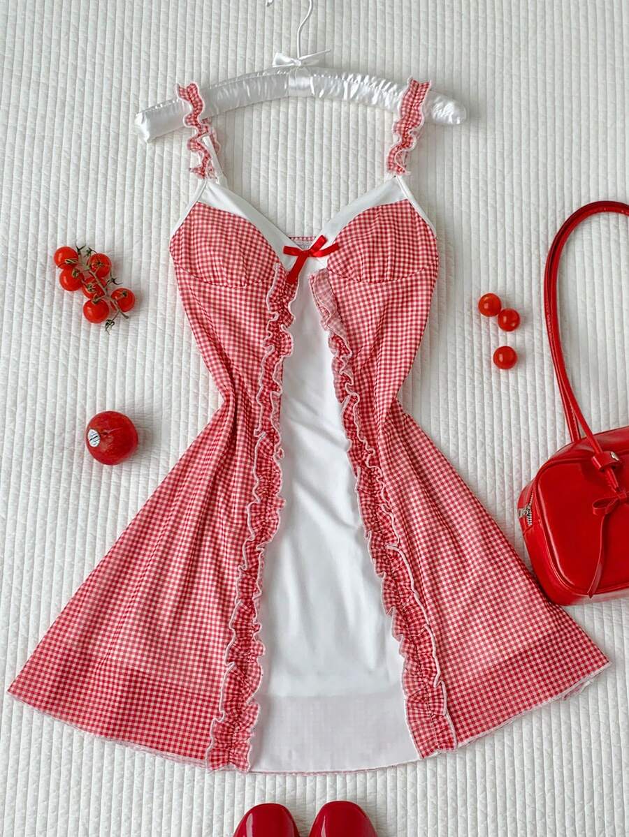 SHEIN Comfortcana Đầm ngắn kẻ caro trang trí nơ dành cho nữ, thích hợp cho các buổi hẹn hò và tiệc tùng. - Đỏ - Xem 1
