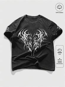 ROMWE MEN Goth 男士夏季100%纯棉休闲时尚街头星形印花落肩宽松水洗透气T恤 - 黑色 - 查看 3