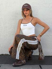 Muchica Letter Print Camisole & Leopard Print Striped SweatPants Women 2-Piece Set,Summer/Spring Clothes Women,Going Out Outfits,Gym Outfit,Sporty Outfits - Multicolor - View 4