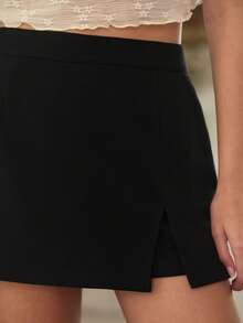 Freevana Summer Versatile Casual Solid High Waist Split Hem Skort - Black - View 3