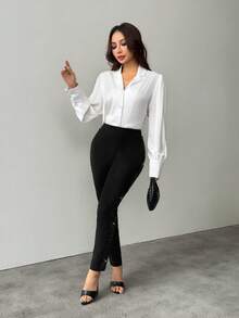 SHEIN PETITE Black Sequin Panel Cropped Skinny Pants - Black - View 5