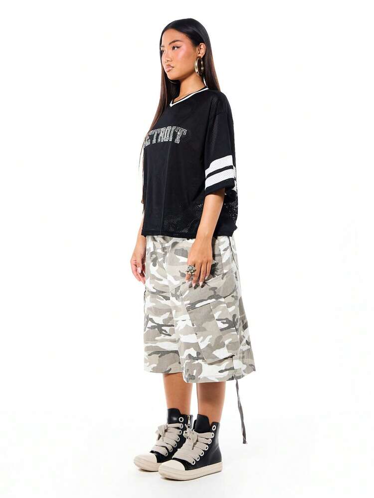 SUMWON WOMEN Oversized Cropped Boxy Rhinestone Detroit Varsity Jersey V-Neck Mesh Top With Contrasting Striped Sleeves And Embellished Text Detail