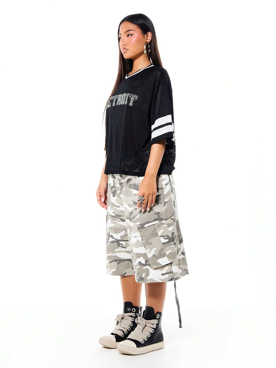 SUMWON Oversized Cropped Boxy Rhinestone Detroit Varsity Jersey V-Neck Mesh Top With Contrasting Striped Sleeves And Embellished Text Detail