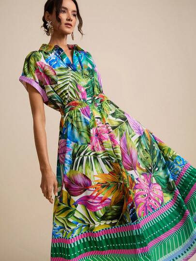 LOTSLUV Vestido de mujer con estampado de hojas de palma en acuarela tropical, cuello de camisa de manga corta, cintura con cordón, vestido estampado de línea A, vestidos tropicales para mujer, vestidos de verano para mujer, conjunto hawaiano para mujer, vestido de primavera para mujer