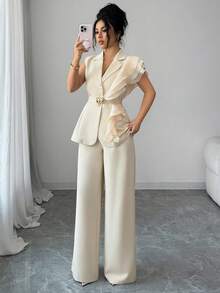 SHEIN Elenzya 女士优雅杏色奢华正式礼服套装，亮片欧根纱荷叶边领系腰西装套装，包括无袖外套和直筒裤，酒红色，适合万圣节、圣诞节、新年派对、毕业典礼、婚礼和其他场合。 - 杏色 - 查看 4