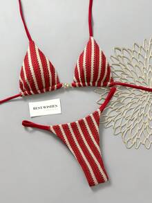 Swim Mod Women's Spring/Summer New Special Fabric Metal Decor V-Neck Halter Backless Triangle Bikini Top And Bottoms Two Pieces Swimwear - Red - View 3