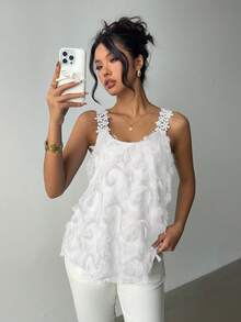 Rafferiza Áo không tay nữ màu trơn thanh lịch, kiểu dáng thường ngày, họa tiết hoa ren phối ren, chất liệu dệt nổi. - trắng - Xem 6