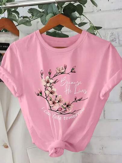 Camiseta casual de mujer de manga corta, cuello redondo, con estampado de letras y flores