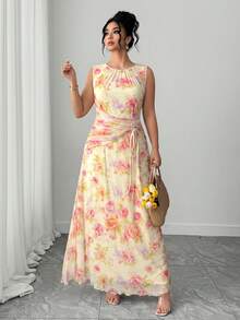 Elenzga Plus Size Women Floral Print Ruched Round Neck Casual Sleeveless Dress - Multicolor - View 5