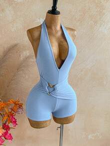 Soleia Halter Neck Tie Ruched Metal Decor Romper,Baby Blue,Summer,Casual,Beach,Holiday,Vacation,Holiday,Boho Floral Summer Outfit For Women,Party - Blue - View 5