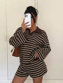 Siren Gaze 女士条纹长袖上衣和短裤两件套休闲装 - 棕色 - 查看 5