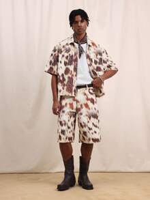 SUMWON 男士扎染牛仔短裤，及膝休闲短裤，带侧袋，宽松版型，适合夏季海滩度假 - 米色 - 查看 3