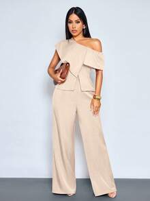 女士优雅复古商务休闲两件套，不对称领口收腰单排扣衬衫搭配阔腿口袋细节长裤，完美适用于度假和日常通勤。 - 杏色 - 查看 4