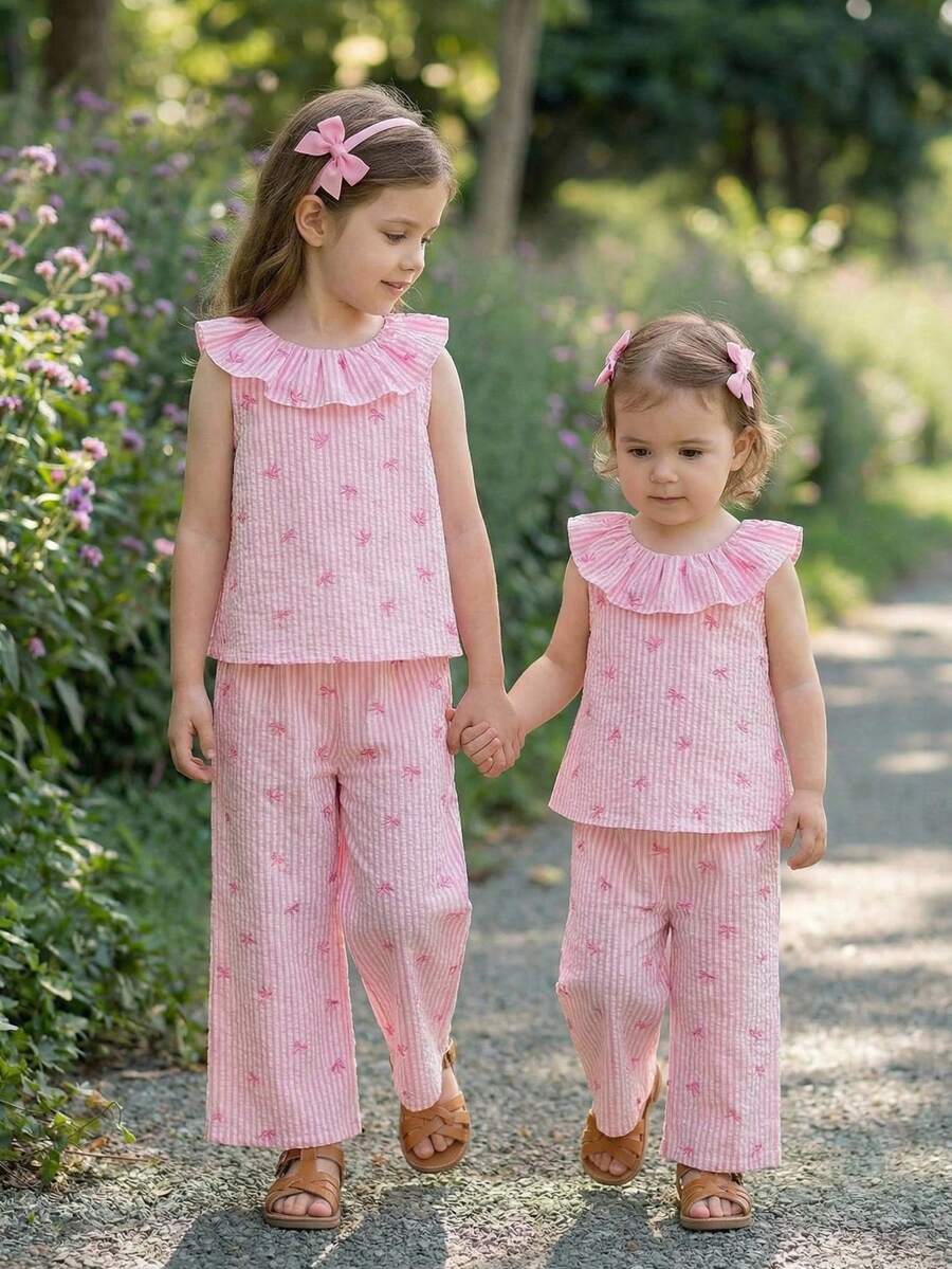 SHEIN LMoss Kids 2pcs Young Girl Chiffon Ditsy Floral Ruffle Trim Top And Loose Pants Set - Pink - View 1