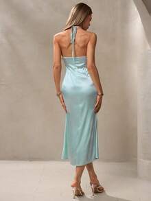 NOVVYNE V领缎面吊带露腰连衣裙，高端生日/成人派对露背鱼尾礼服 - 綠色 - 查看 2