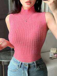 DAZY Women's Solid Color Stand Collar Sleeveless Fitted Elegant Sweater - Pink - View 2