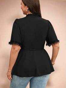 EMERY ROSE Plus Size Women's Solid V-Neck Lace Trim Short Sleeve Full Button Front Regular Fit Elegant Blouse - Black - View 2