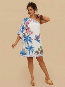 Travachic Plus Size Casual Asymmetric Neck Tropical Botanical Print Mini Dress, Navy Blue, Suitable For Summer & Autumn - Apricot - View 3