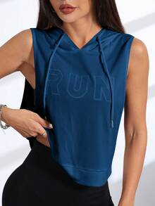 SHEIN Sovereign Charm Sudadera con capucha con cordón y bordado de letras para mujer - Azul Marino - Ver 3