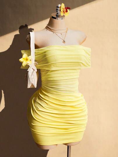 SHEIN ICON Plus Size Women's Spring/Summer Retro Sexy Elegant Urban Modern Beach Vacation Party Mesh Patchwork Knit Off-Shoulder Lemon Yellow Grubbing Dress