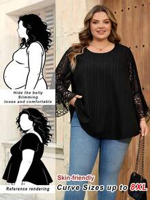 SHEIN CURVE+ Curve 尺码 US22 音乐节、海滨度假、波西米亚纯色宽松蕾丝薄纱袖长袖衬衫 - 黑色 - 查看 9