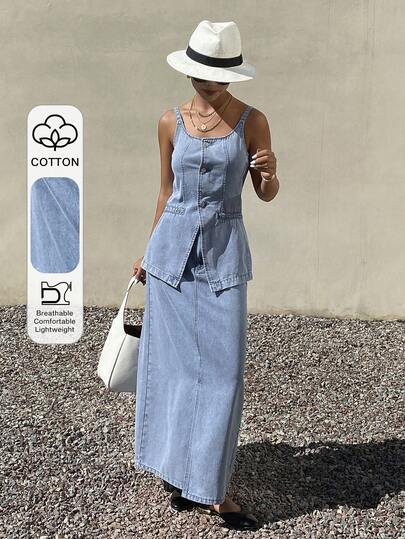 Livesso Áo vest denim không tay mùa xuân hè, phong cách thường ngày đi biển, kết hợp với chân váy denim ống suông xẻ cao, bộ đồ 2 mảnh thanh lịch dành cho nữ công sở/đi làm.
