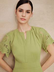 Anewsta 春夏新款法式浪漫优雅粉色镂空刺绣V领短袖高腰A字连衣裙，女装 - 綠色 - 查看 5