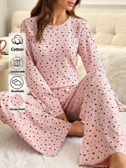 Loomlin Women 2 Pcs Rib Knit With Heart Pattern Long Sleeve And Long Bottom Homewear Cute Set Heart Pajama Set Pajama Sets For Women Long Sleeve Women's Pajama Sets Fall Pajamas Women Long Sleeve Pajama Sets Women Women's Heart Print Pajamas Pink Pajama Sets For Women Women's Sleepwear Sets Heart Print Pajama Set Women's Loungewear