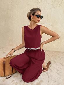 SHEIN Frenchy 女士弧形下摆圆领背心和裤子两件套 - 酒紅色 - 查看 6