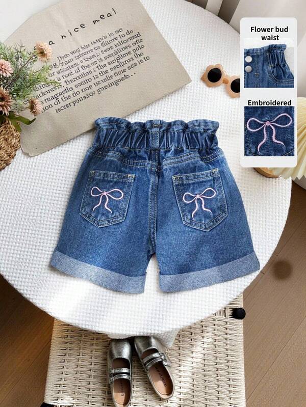 Young Girls Denim Shorts, Summer New Arrival, Medium Blue Denim Color, Casual & Cute, Pink Bow Embroidery Cuffed Hem, Loose Straight Leg, Comfortable Cotton Denim Fabric, Suitable For Daily Wear, Casual, And Commuting