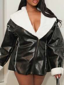 Chea Andrea Women's Street Fashion PU Leather & Faux Fur Patchwork Regular Jacket - Black and White - View 6