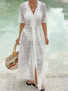 DAZY Women's V-Neck Short Sleeve Lace Fabric Waist Cinched Vacation Style Casual Elegant Dress - White - View 2