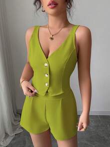 Selianne Bộ 2 món áo thun trơn màu đơn giản cài nút phía trước + quần short cho nữ - Màu vàng - Xem 3
