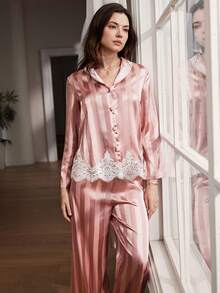 Women's Elegant Romantic High-End Lace Trim Striped Jacquard Satin Comfortable Sleepwear Set - Pink - View 5