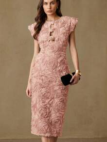 Aveloria Rosie New Fabric Patchwork Beaded Embroidered Ruffled Hem Chiffon Dress, Fitted Waist, Flowing Skirt - Baby Pink - View 4