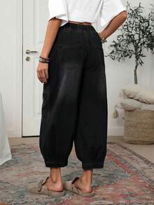 EMERY ROSE Plus Size Casual Fashion Everyday Washed Elastic Waist Jeans Casual Street Patchwork Pocket Loose Wide Leg Jeans Women Jeans Baggy Loose Jeans Barrel Leg/Barrel-Leg Jeans - Black - View 2