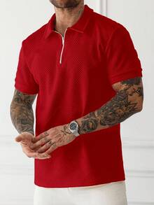 Manfinity Homme 男士休閒純色短袖 Polo 衫，夏季紅色拉鍊紋理襯衫，正式款 - 紅色 - 查看 3