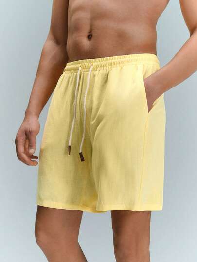 Driftmere 男士休闲梭织中腰抽绳直筒短裤，适合日常穿着，黄色短裤