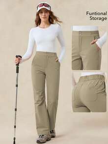 OutZeal Pantalones para mujer para exteriores de unicolor, resistentes al agua, con estiramiento, de pierna acampanada y con bolsillos, para camping y senderismo, para primavera y verano - Caqui - Ver 3