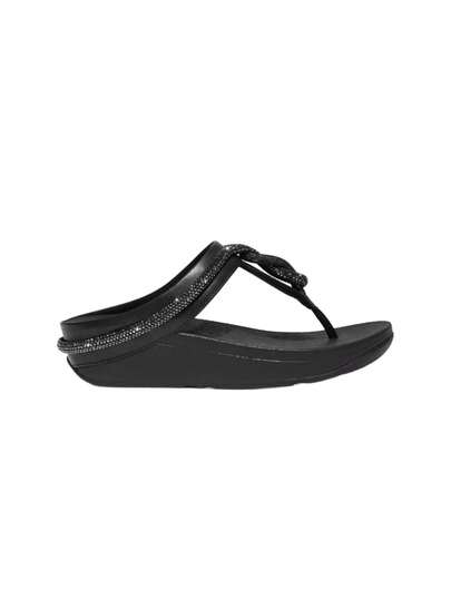 Fitflop Crystal-Cord Leather Toe-Post Women's Flip-Flops Black FQ3