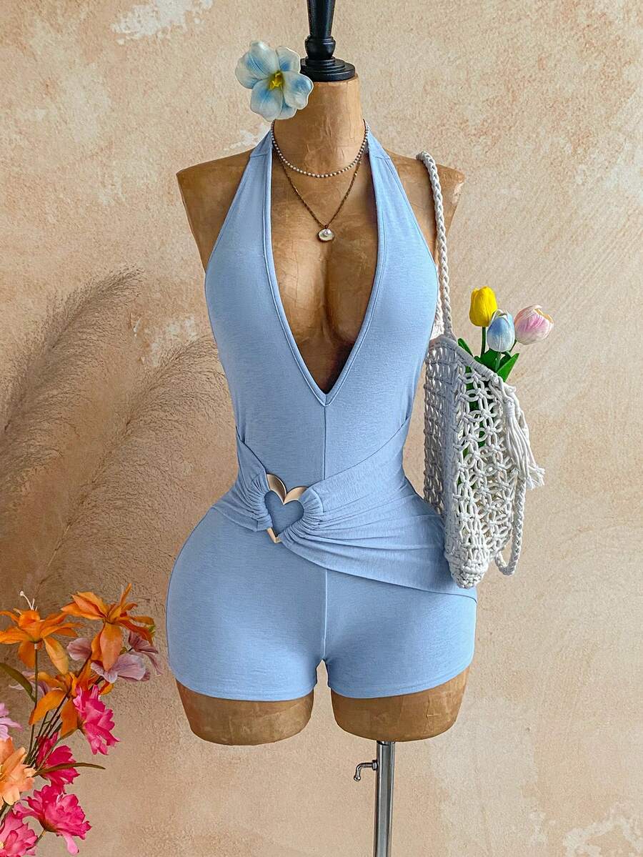 Soleia Halter Neck Tie Ruched Metal Decor Romper,Baby Blue,Summer,Casual,Beach,Holiday,Vacation,Holiday,Boho Floral Summer Outfit For Women,Party - Blue - View 1