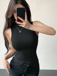 DAZY 女士夏季休闲纯色立领不对称下摆背心 - 黑色 - 查看 2