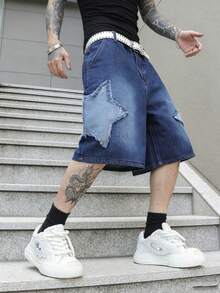 Manfinity EMRG Quần short denim vá với họa tiết ngôi sao ngược - Màu xanh lam - Xem 3