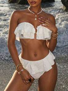 Vaytide Conjunto De Bikini Bandeau Para Mujer Con Textura Con Volantes - Blanco - Ver 2