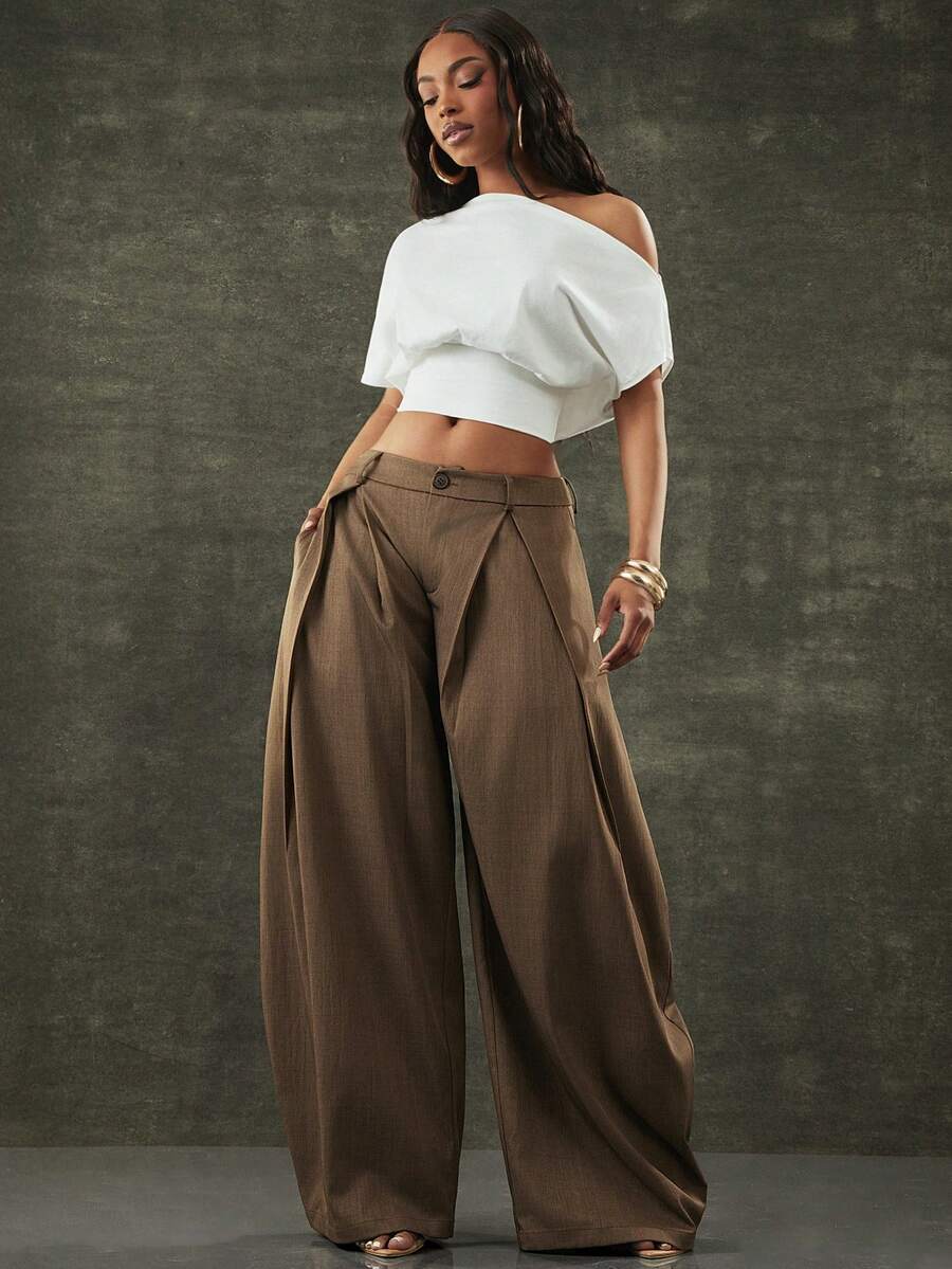 Denimoi 褶裥腰阔腿裤 时尚街头风 90 年代复古风宽松裤 - 棕色 - 查看 1