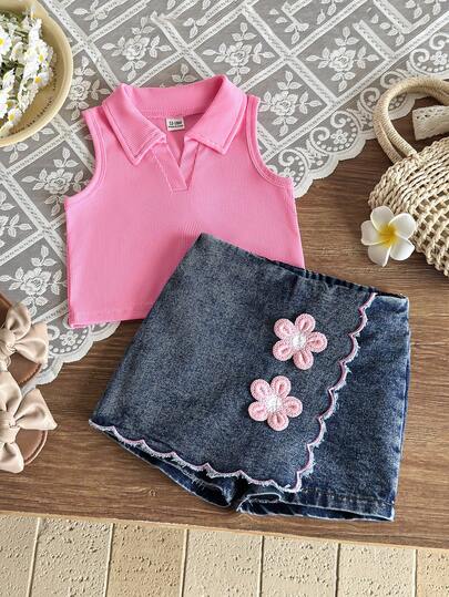 SHEIN Vintaside Kids Baby Girls' Summer New Pink Textured Knit Fabric Collared Solid Color Vest Top, Floral Embroidery Decor Denim Skort With Ruffle Hem, Cherry Embroidery Vintage Cute 2-Piece Set