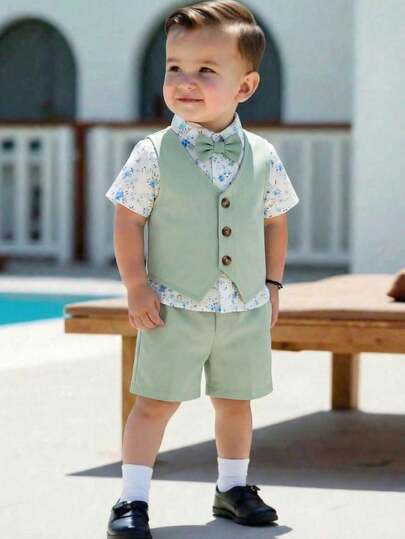 Souflis Souflis 4件套法式男婴套装：领结、印花衬衫、绿色马甲、短裤，时尚优雅的绅士套装，适合派对、学校及其他场合。
